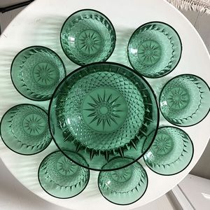 Vintage mcm French Sunburst  Green glass  fruit salad set
